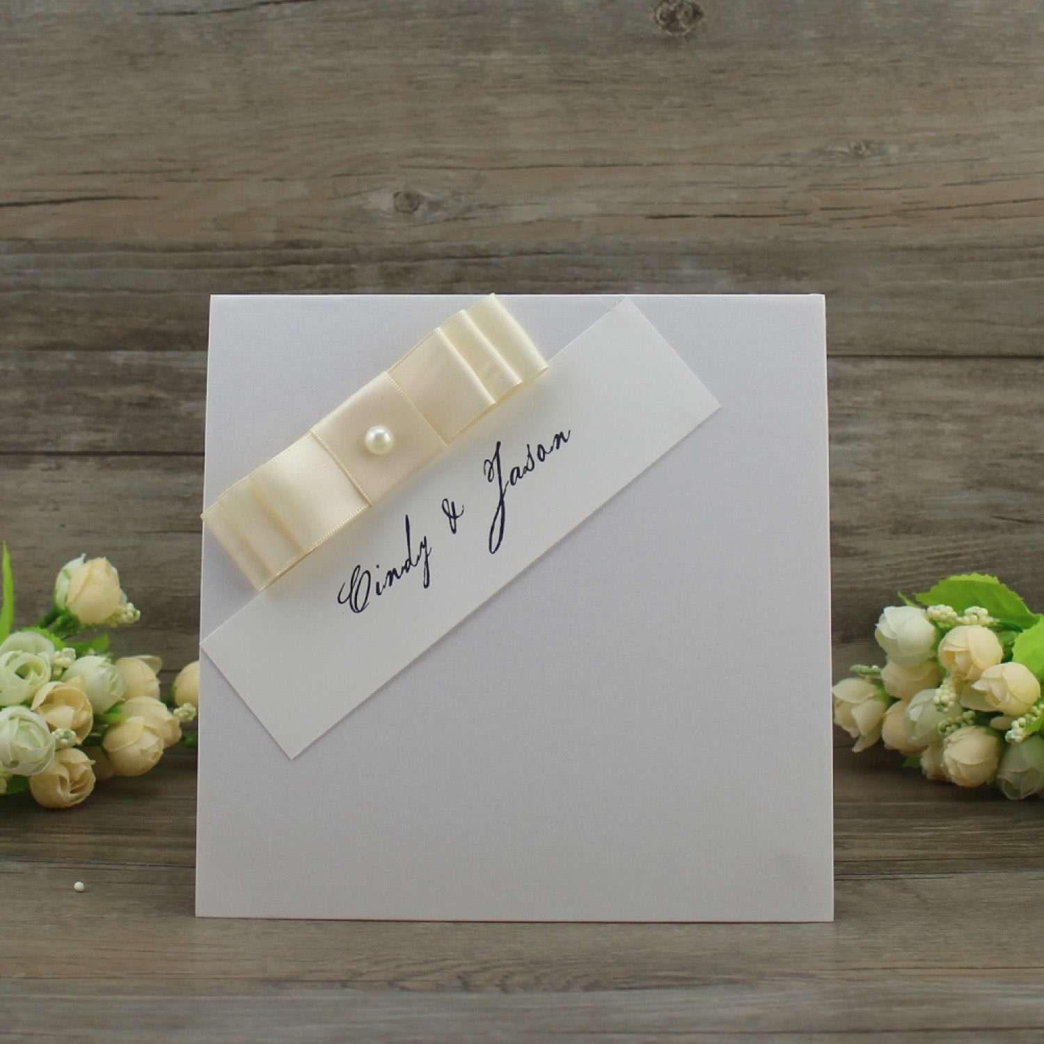 Square Foiling Invitation with Ribbon Bow Half Fold Wedding Card White Invitation Customized 